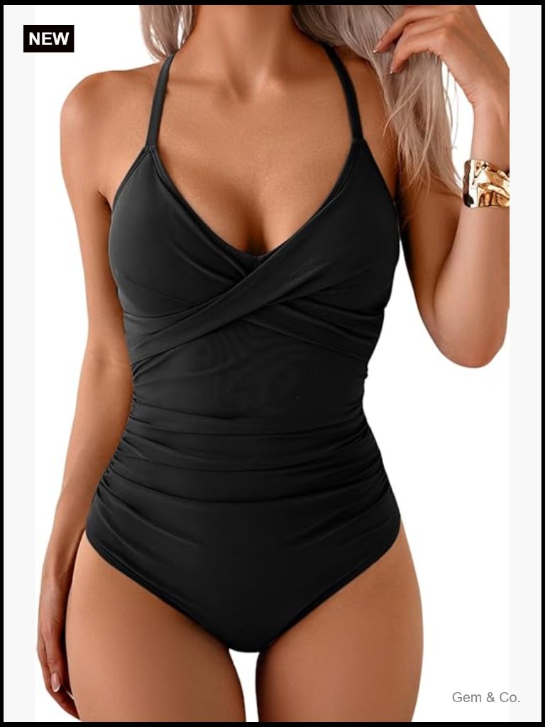 Women's One Piece Swimsuit Tummy Control Front Cross Tie Back V Neck Bathing